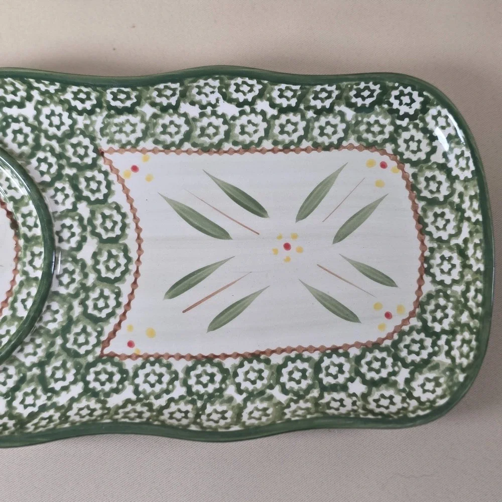 Temp-tations By Tara Old World Green Snack Plates Set 2 Chip Dip Serving Tr